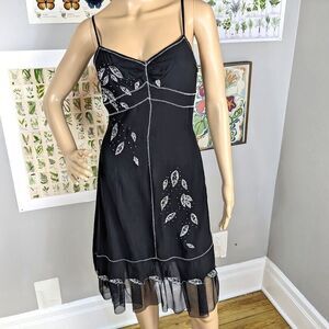 Vintage 90s y2k Sue Wong Silk Midi Dress Silver Beaded Dark Fairycore Size 6